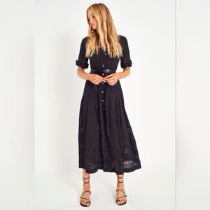 LOVE SHACK FANCY Black Cotton Poplin Lace Button Down Maxi Shirt- Dress S = 4/6